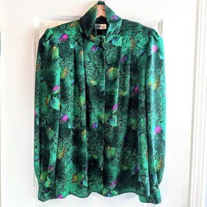 Vintage Philippe Marques Green Leaf Print Jacquard High Neck Blouse